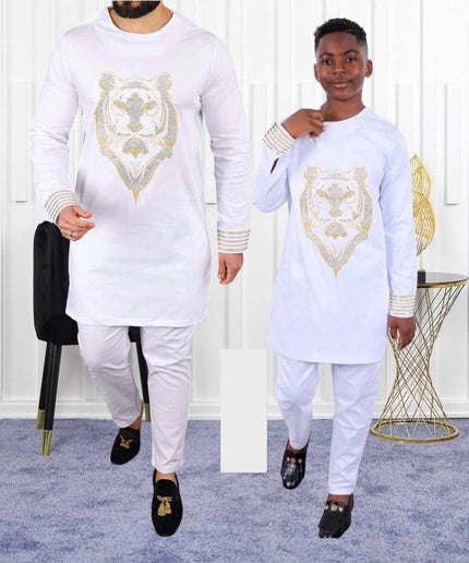 Father and Son Matching African Outfits Embellished Embroidery Shirt Pants | 4 Colors