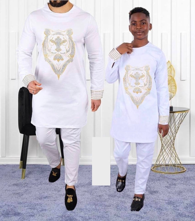 Father and Son Matching African Outfits Embellished Embroidery Shirt Pants | 4 Colors