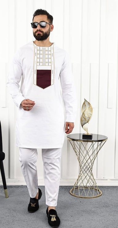 African Men's Shirt Pants Embroidery Cotton Groom Groomsmen Guest Wedding Party