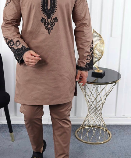 African Men's Clothing Matching Embroidered Shirt Pants Cotton | 7 Colors