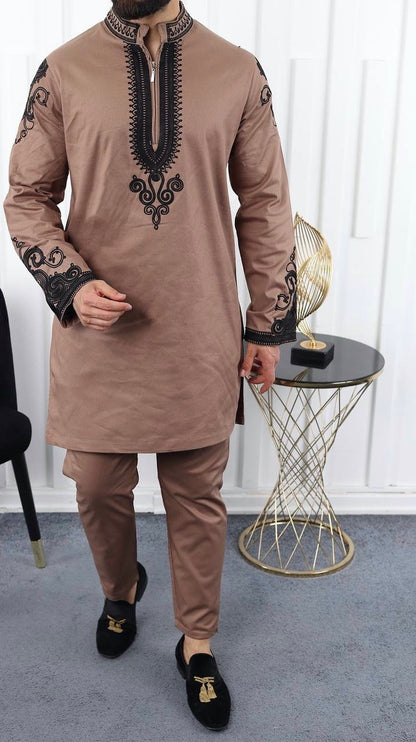 African Men's Clothing Matching Embroidered Shirt Pants Cotton | 7 Colors