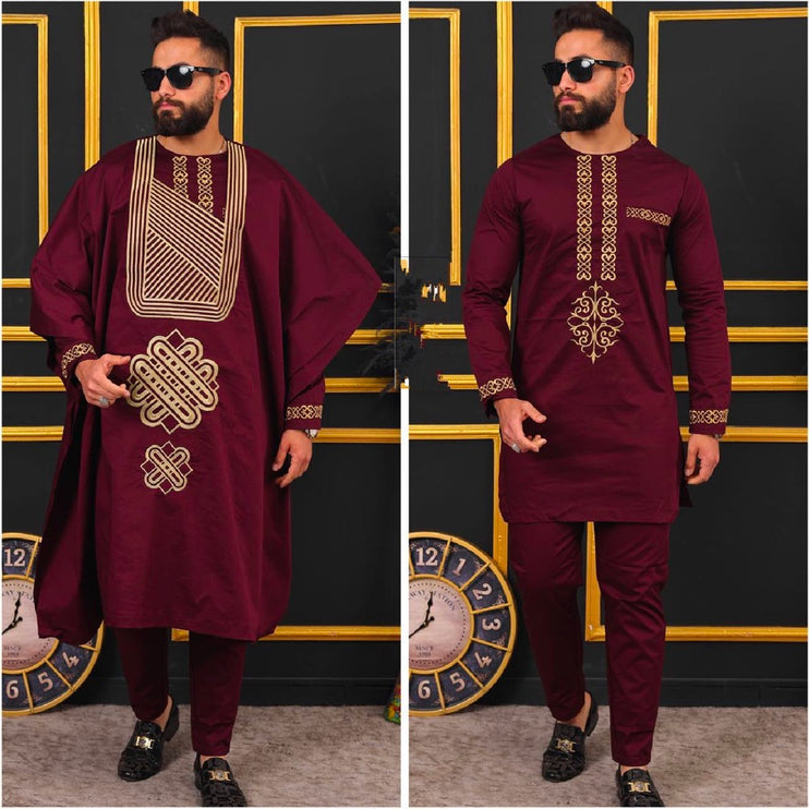 African Agbada Pants Shirt Embroidered Traditional Wedding Wear | 4 Colors