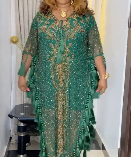 Green Beaded Embellished Fringe Kaftan Dress