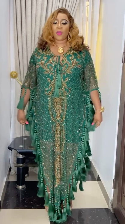 Green Beaded Embellished Fringe Kaftan Dress