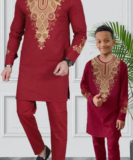 White Father and Son Matching Outfits African Embroidered Shirt Pants | 5 Colors