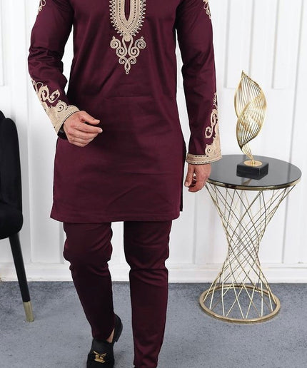 African Men's Clothing Matching Embroidered Shirt Pants Cotton | 7 Colors