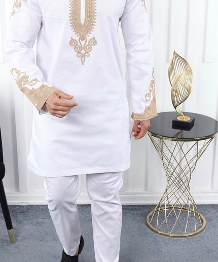 White African Men's Clothing Matching Embroidered Shirt Pants Cotton | 7 Colors