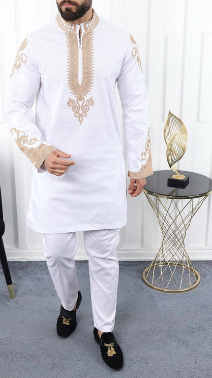 White African Men's Clothing Matching Embroidered Shirt Pants Cotton | 7 Colors