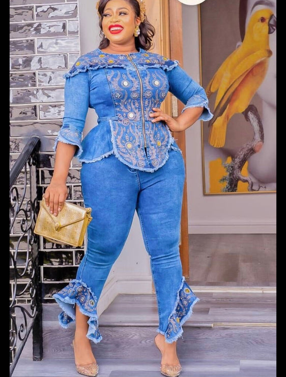 Embellished Denim Top and Pants Ruffle Curvy Stretch Weekend Jeans