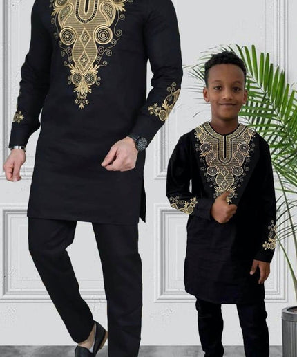 White Father and Son Matching Outfits African Embroidered Shirt Pants | 5 Colors