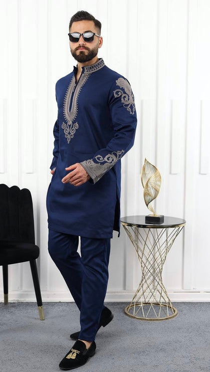 African Men's Clothing Matching Embroidered Shirt Pants Cotton | 7 Colors