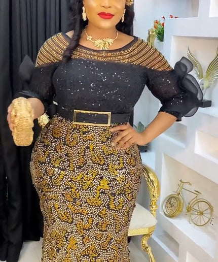 Black and Gold Sequin Ruffle Sleeve Embellished Gown