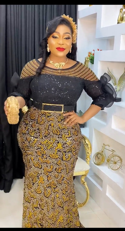 Black and Gold Sequin Ruffle Sleeve Embellished Gown