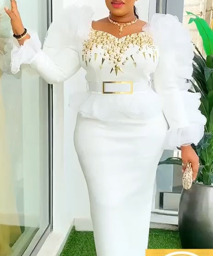 Luxury Ruffled White Blouse Skirt Embellished Set