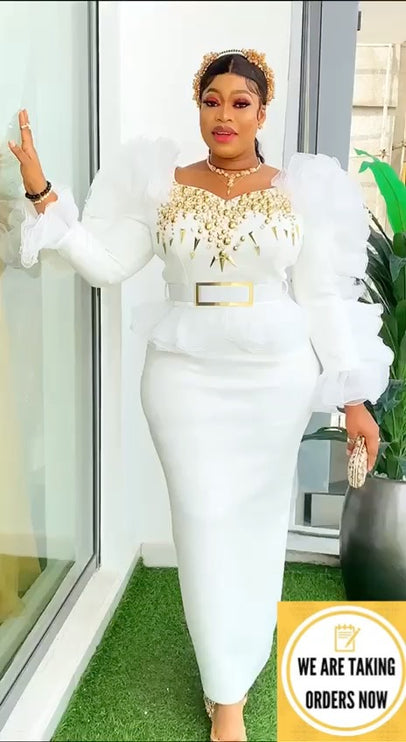 Luxury Ruffled White Blouse Skirt Embellished Set