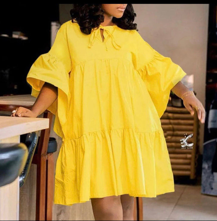 Yellow Cotton Babydoll Dress Ruffle Sleeves