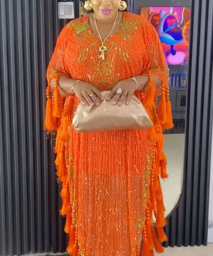 Orange Embellished Beaded Fringed Kaftan Dress