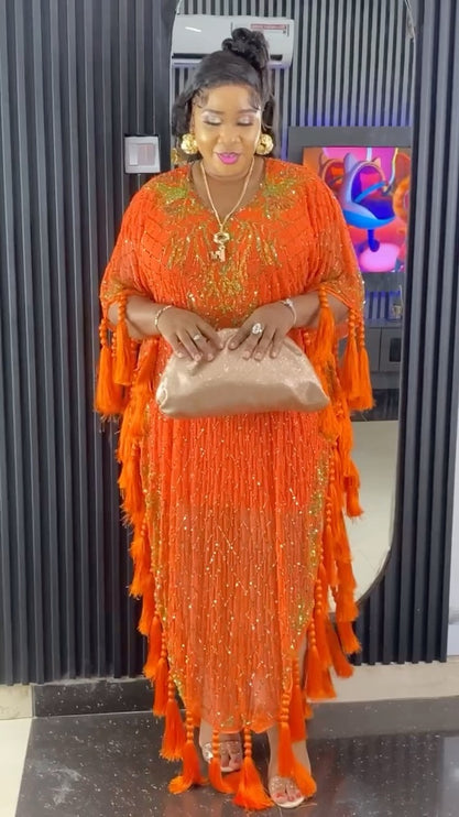 Orange Embellished Beaded Fringed Kaftan Dress