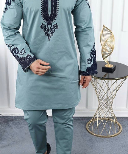 White African Men's Clothing Matching Embroidered Shirt Pants Cotton | 7 Colors