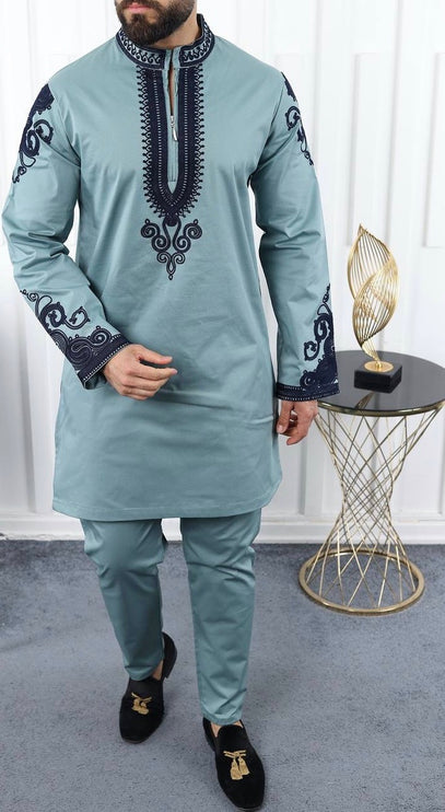 African Men's Clothing Matching Embroidered Shirt Pants Cotton | 7 Colors