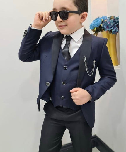 BOYS' Tuxedo Suit 6 Piece Jacket Vest Shirt Pants Tie Chain Lapel