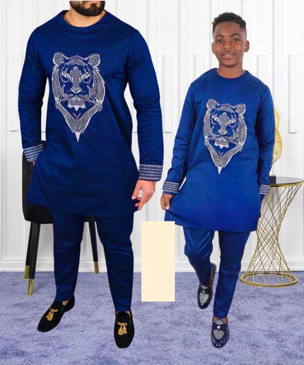 Father and Son Matching African Outfits Embellished Embroidery Shirt Pants | 4 Colors