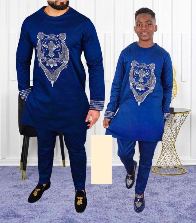 Father and Son Matching African Outfits Embellished Embroidery Shirt Pants | 4 Colors