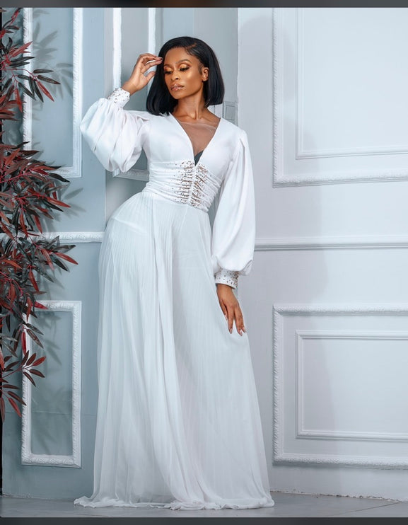 White Pleated Embellished Wide Leg Jumpsuit