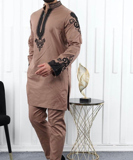 African Men's Clothing Matching Embroidered Shirt Pants Cotton | 7 Colors