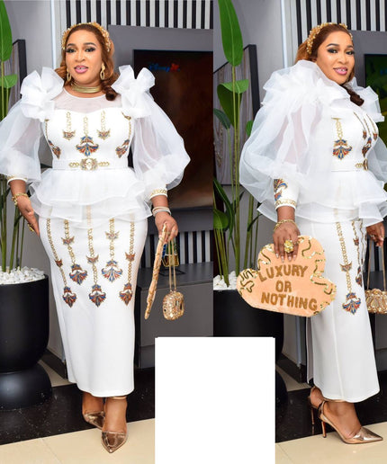 White Dramatic Sleeve Embellished Peplum Maxi Dress